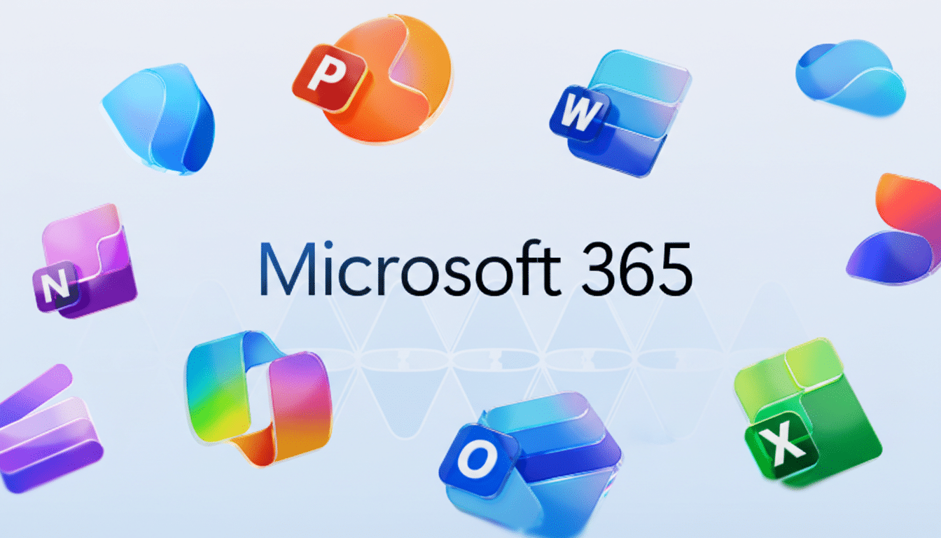 A 16:9 aspect ratio image of the Microsoft 365 logo surrounded by various Microsoft application icons, including Word, Excel, PowerPoint, and Outlook, against a light blue background with subtle geometric patterns.