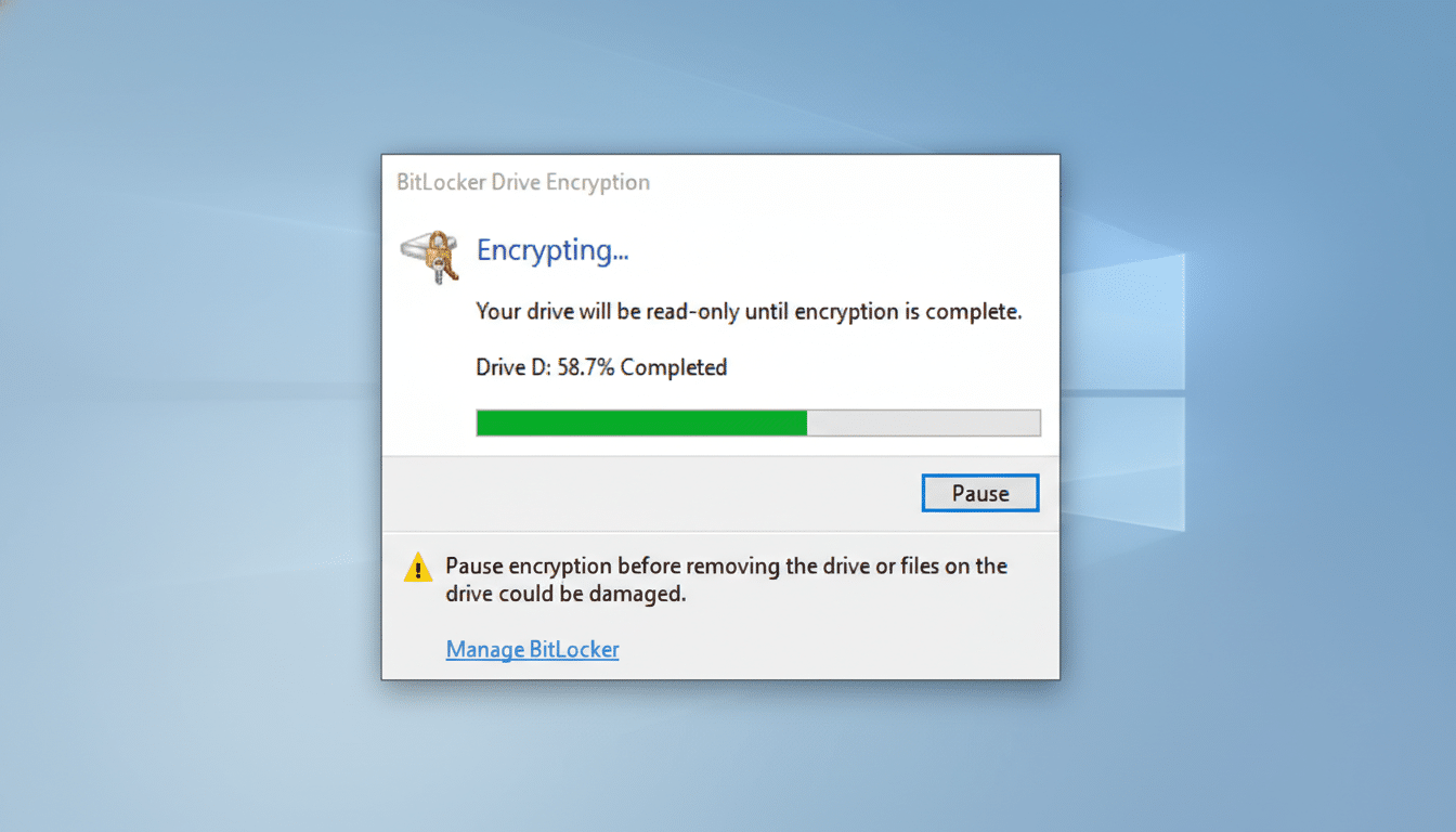 A screenshot of a BitLocker Drive Encryption window showing Encrypting... with 58.7% completed, overlaid on a Windows desktop background.