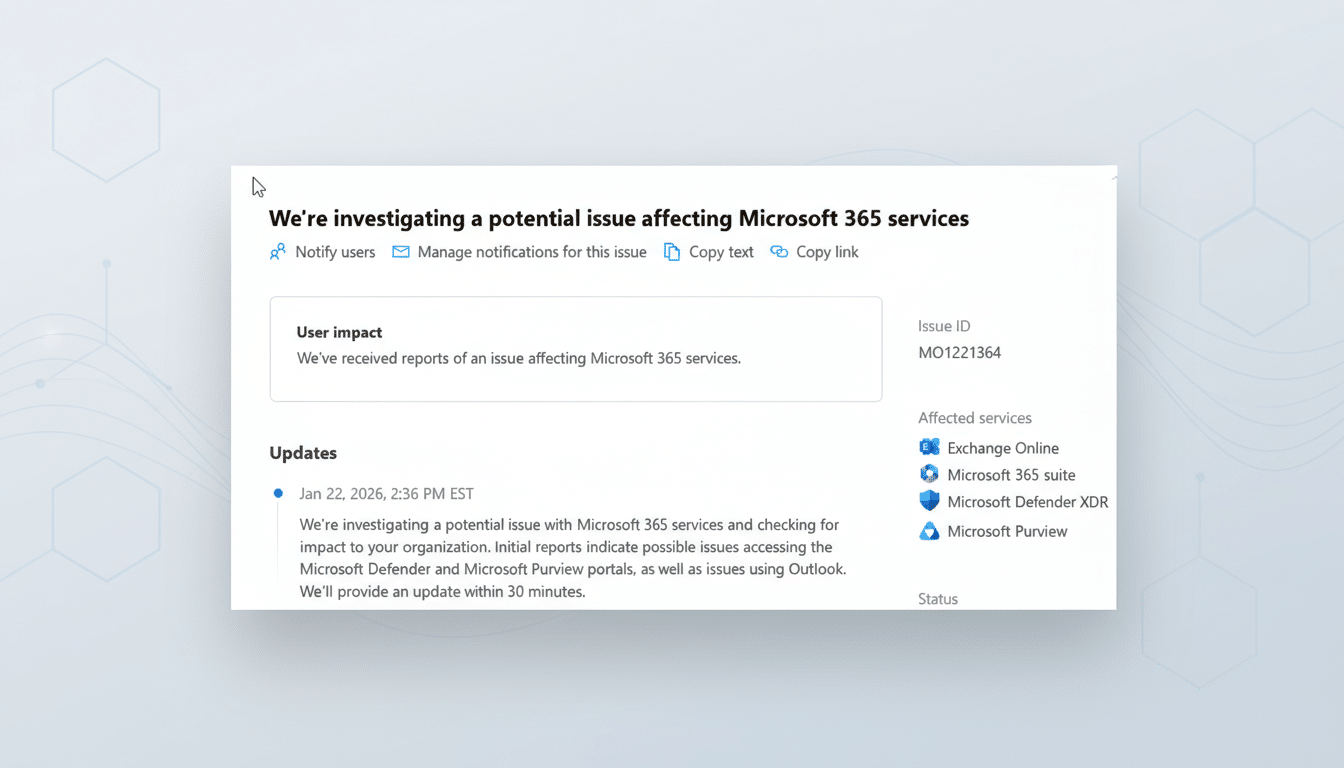 Microsoft 365 Outlook outage, warning icon over logo as Microsoft addresses service disruption