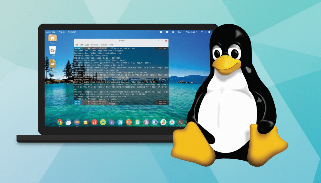 A laptop displaying a Linux desktop environment with a terminal window open, next to a 3D rendering of Tux, the Linux penguin mascot, all set against a professional blue gradient background.