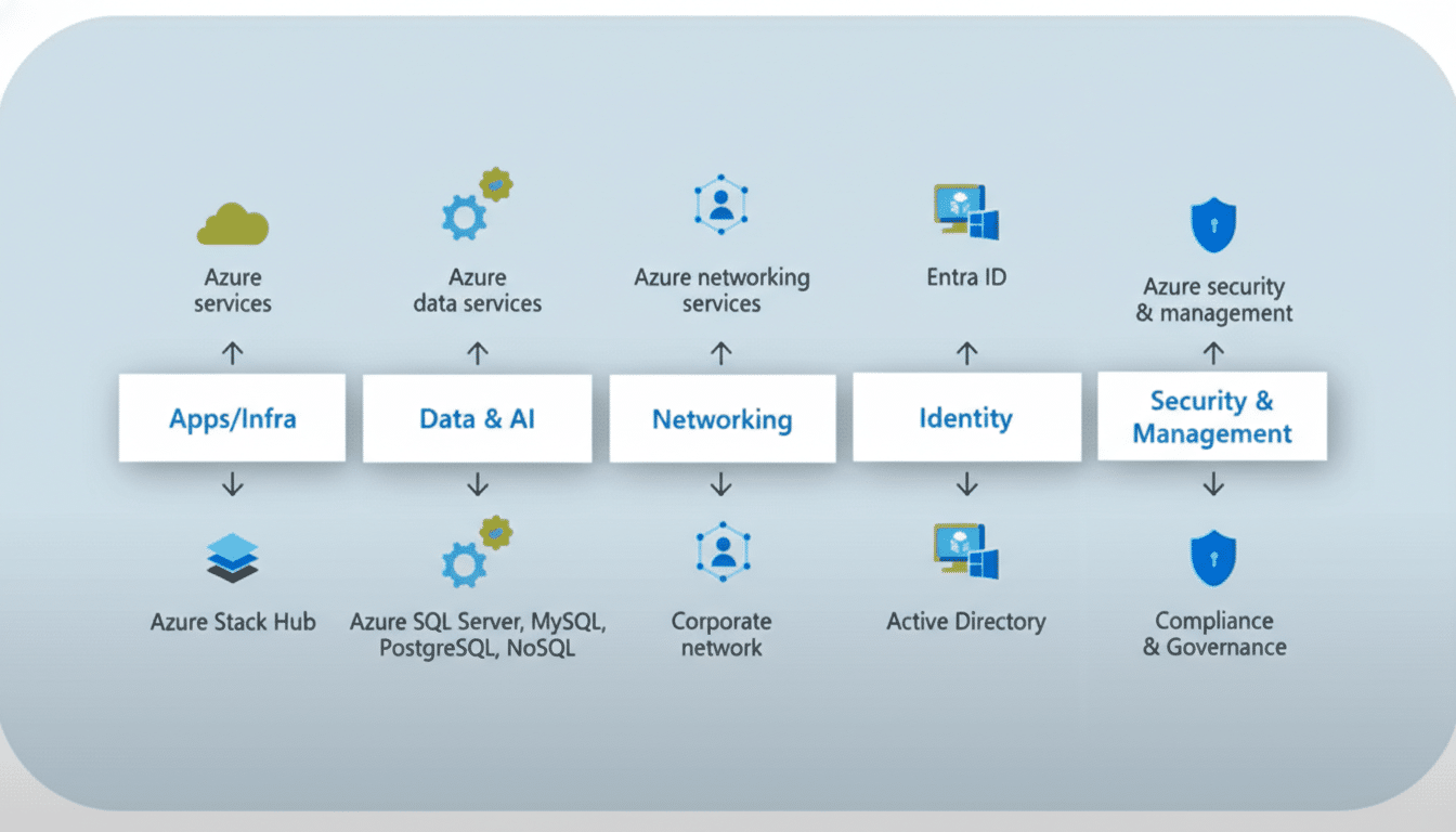 A diagram illustrating Azure services categorized into five main areas: Apps/Infra, Data & AI, Networking, Identity, and Security & Management. Each category shows corresponding Azure services above and below it, connected by arrows.