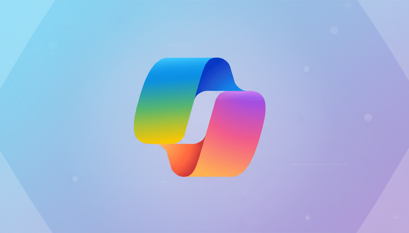 A colorful, gradient-filled ribbon-like logo on a professional light blue and purple gradient background with subtle geometric patterns.