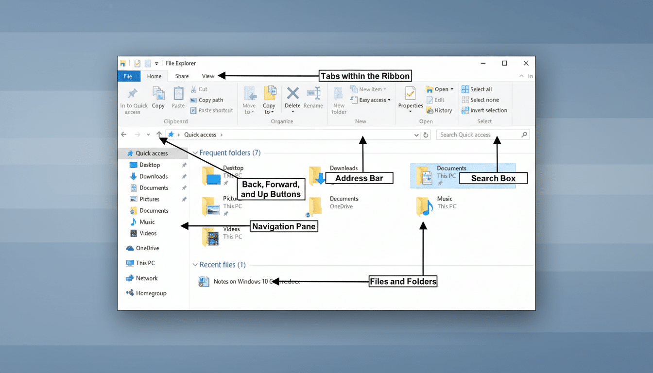 A screenshot of the Windows 10 File Explorer interface, with various components labeled by black arrows and text boxes. The labels include Tabs within the Ribbon, Back, Forward, and Up Buttons, Address Bar, Search Box, Navigation Pane, and Files and Folders. The background has been changed to a soft blue gradient.