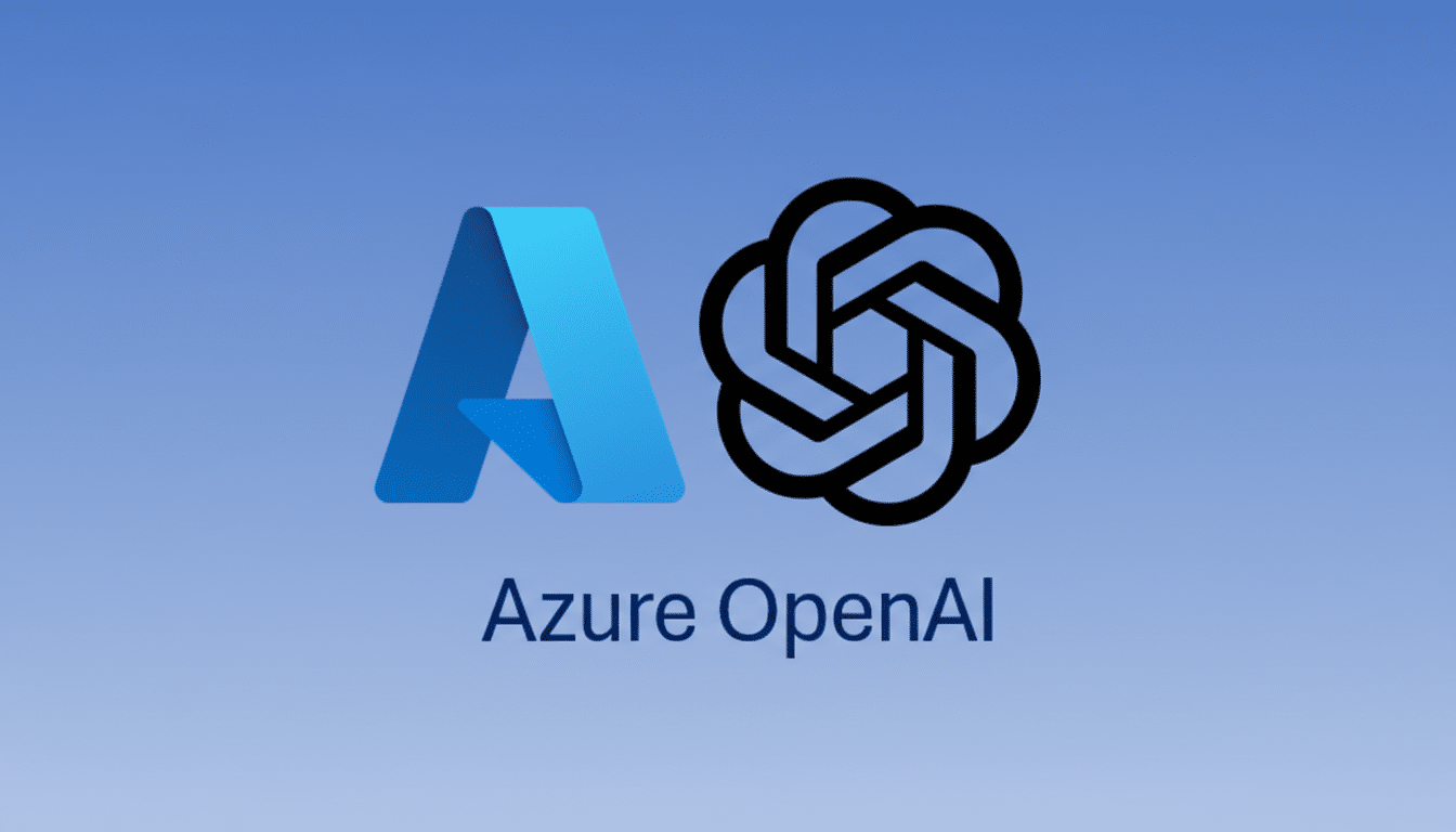 The Azure OpenAI logo, featuring the blue Azure A icon next to the black OpenAI logo, with Azure OpenAI text below, all on a gradient blue background.
