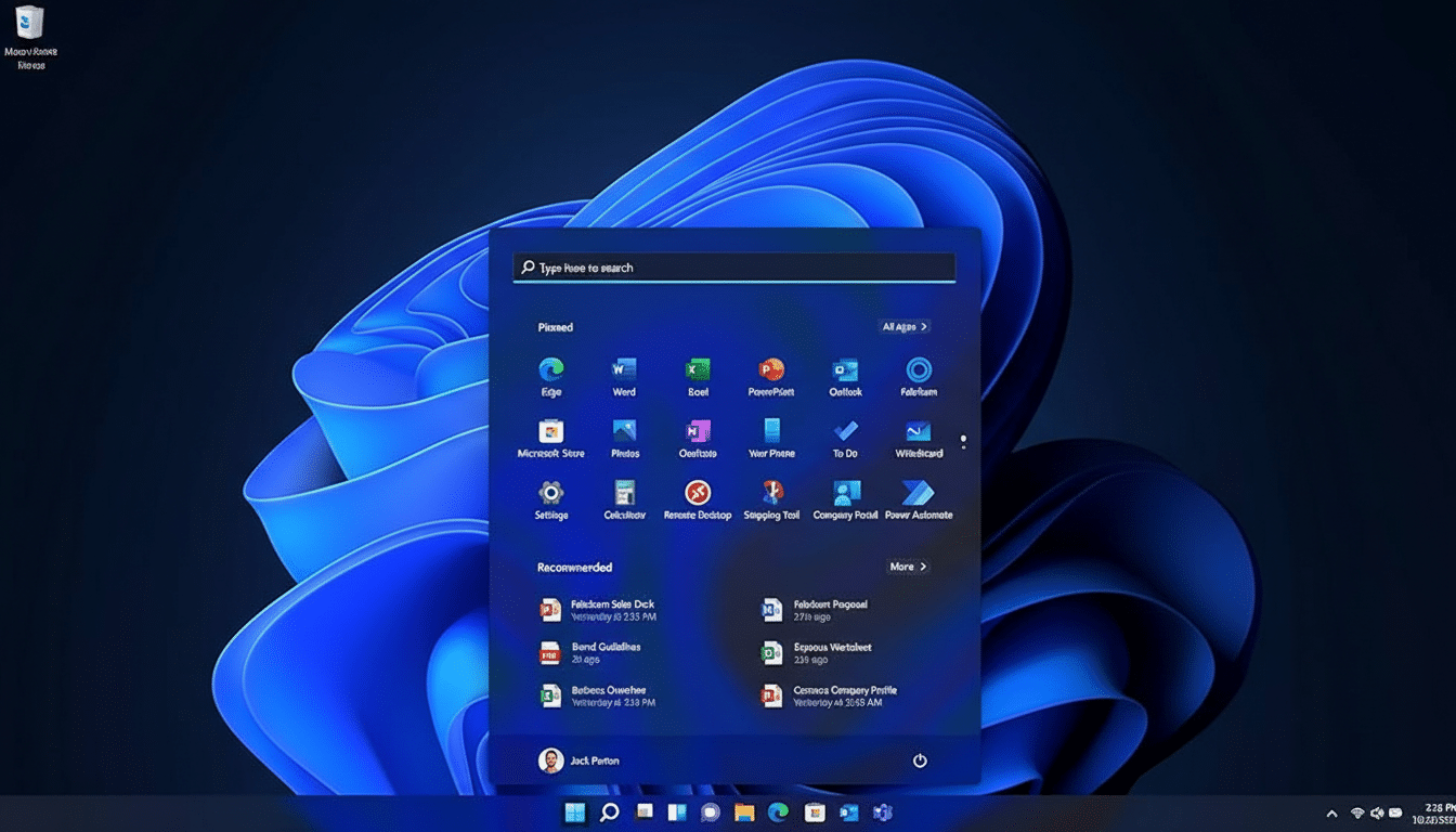 A screenshot of the Windows 11 desktop with the Start menu open, displaying pinned and recommended applications.