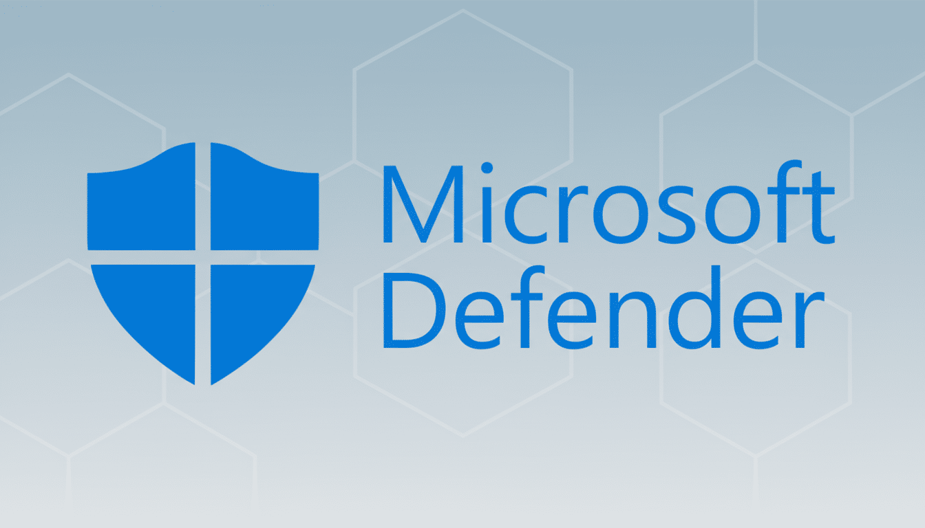 The Microsoft Defender logo, featuring a blue shield icon next to the words Microsoft Defender in blue text, set against a light gray background with subtle hexagonal patterns.