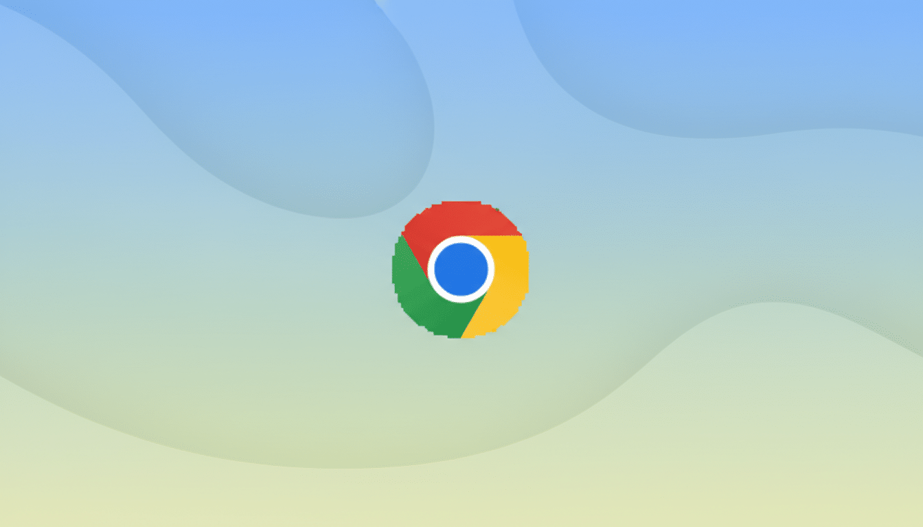 The Google Chrome logo centered on a professional flat design background with soft blue and yellow gradients and subtle wave patterns.