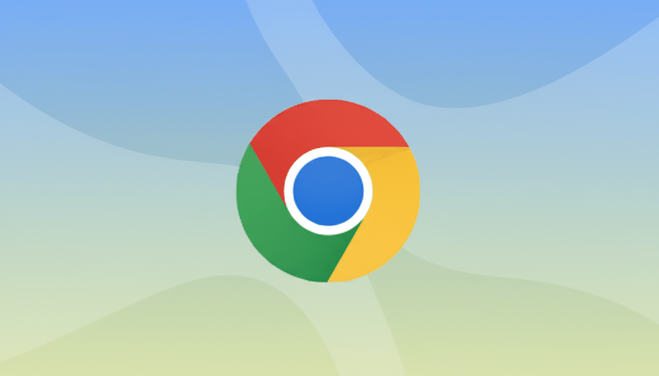 The Google Chrome logo, a red, yellow, and green circle with a blue circle in the center, set against a professional flat design background with soft blue and green gradients and subtle wave patterns.