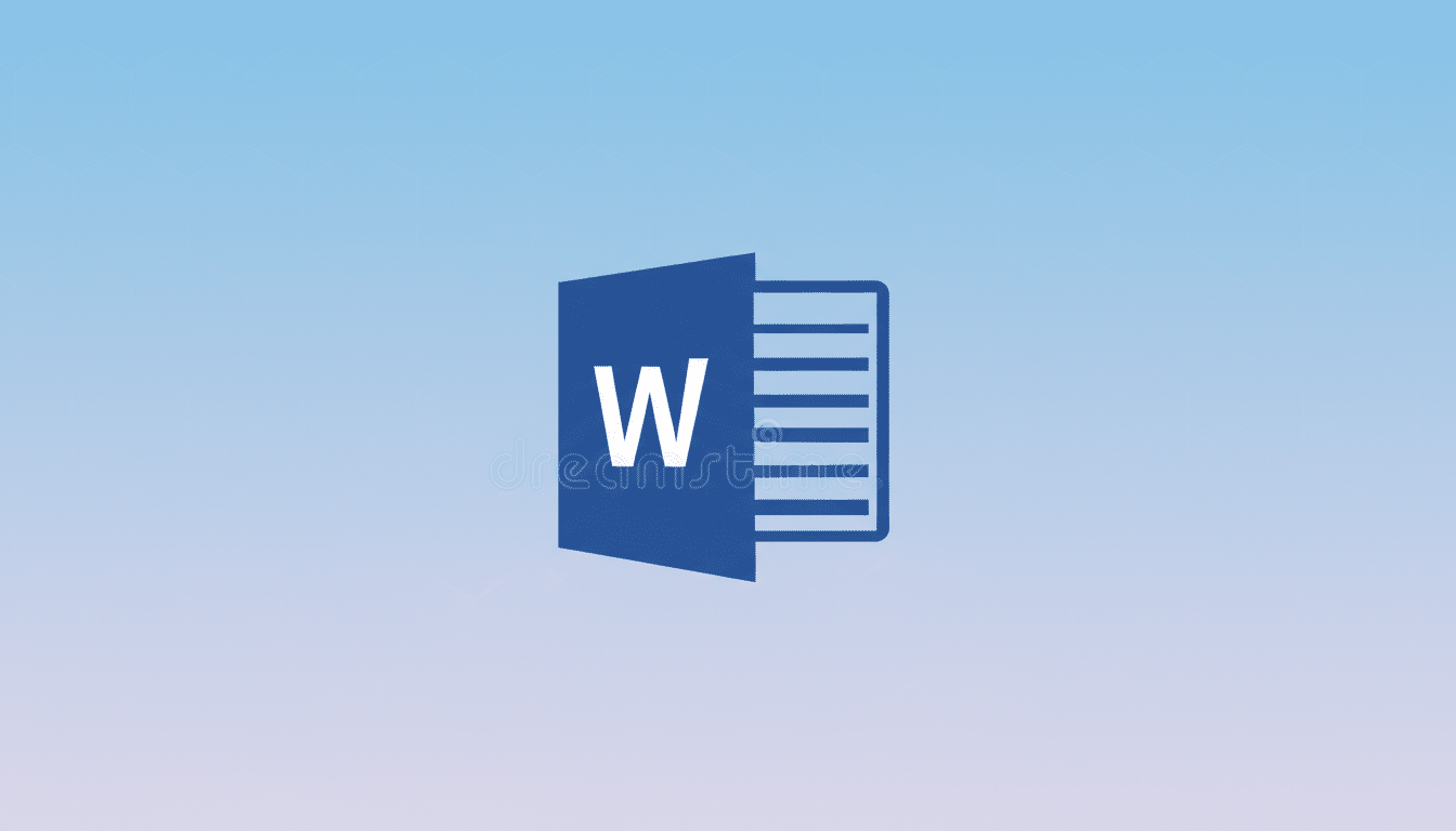 The Microsoft Word logo, a blue folder with a white W and document lines, centered on a professional light blue and purple gradient background with subtle geometric patterns.