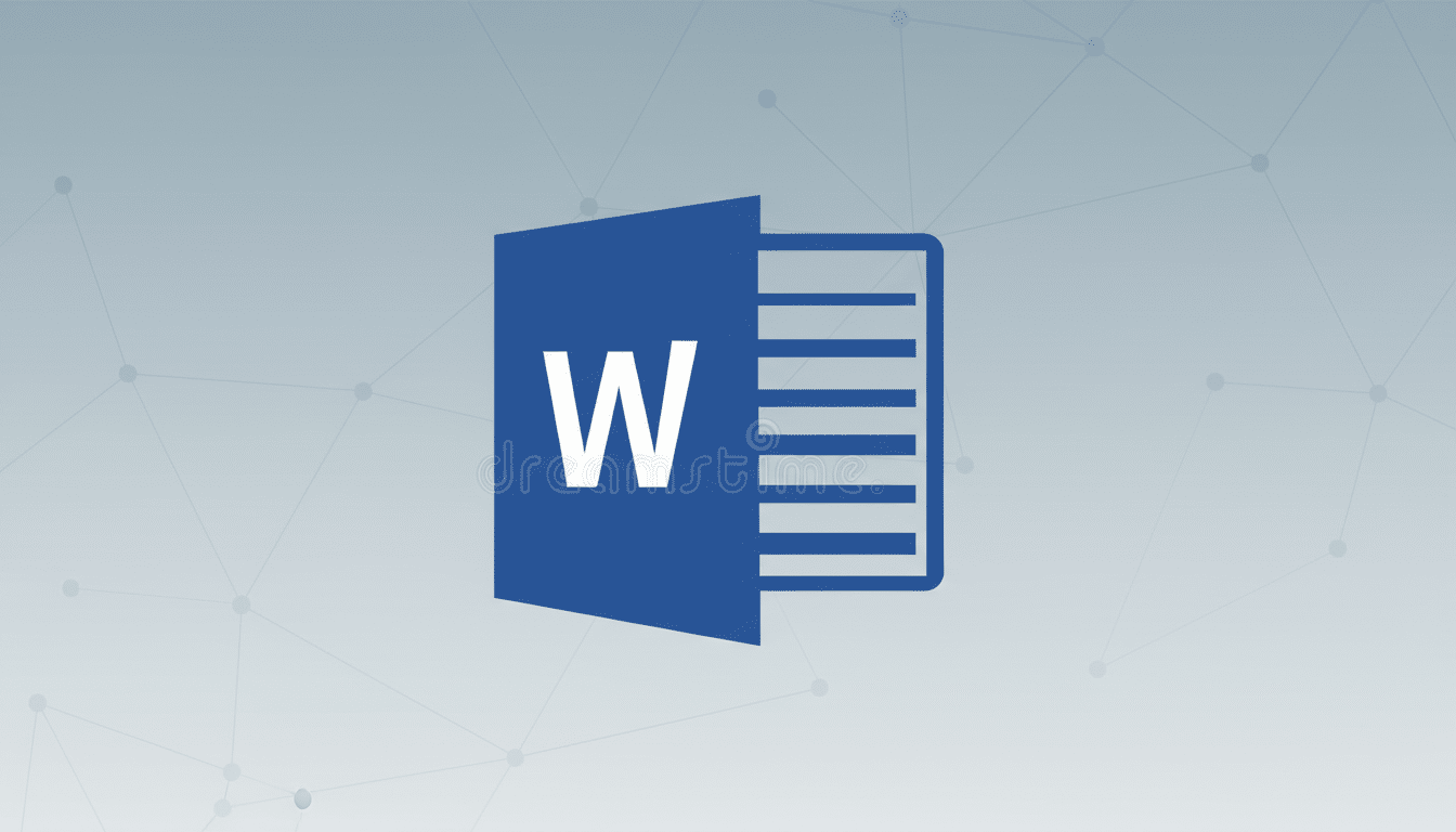 A 16:9 aspect ratio image of the Microsoft Word logo, featuring a blue folder-like icon with a white W on the front and a document with horizontal lines peeking out from behind, set against a professional light gray background with a subtle geometric pattern.