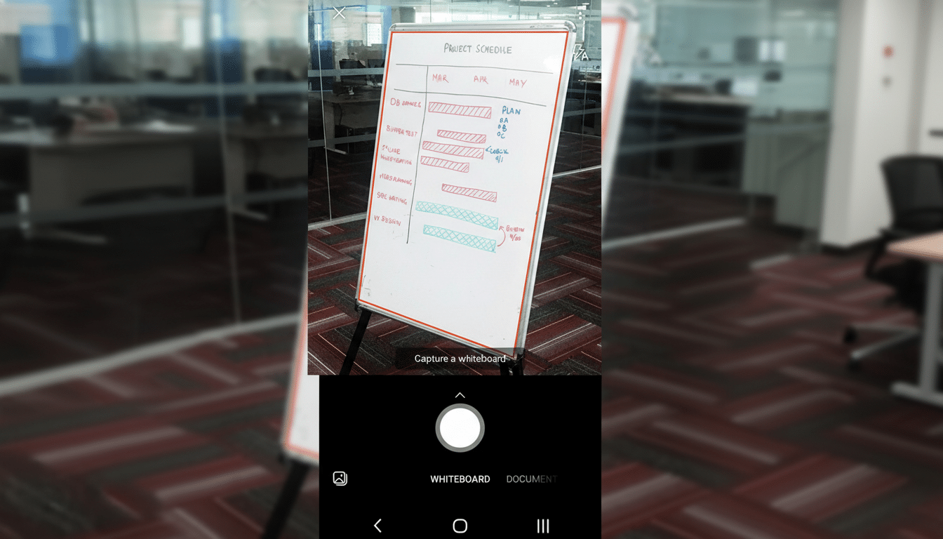 A smartphone screen showing a whiteboard with a project schedule, resized to a 16:9 aspect ratio.