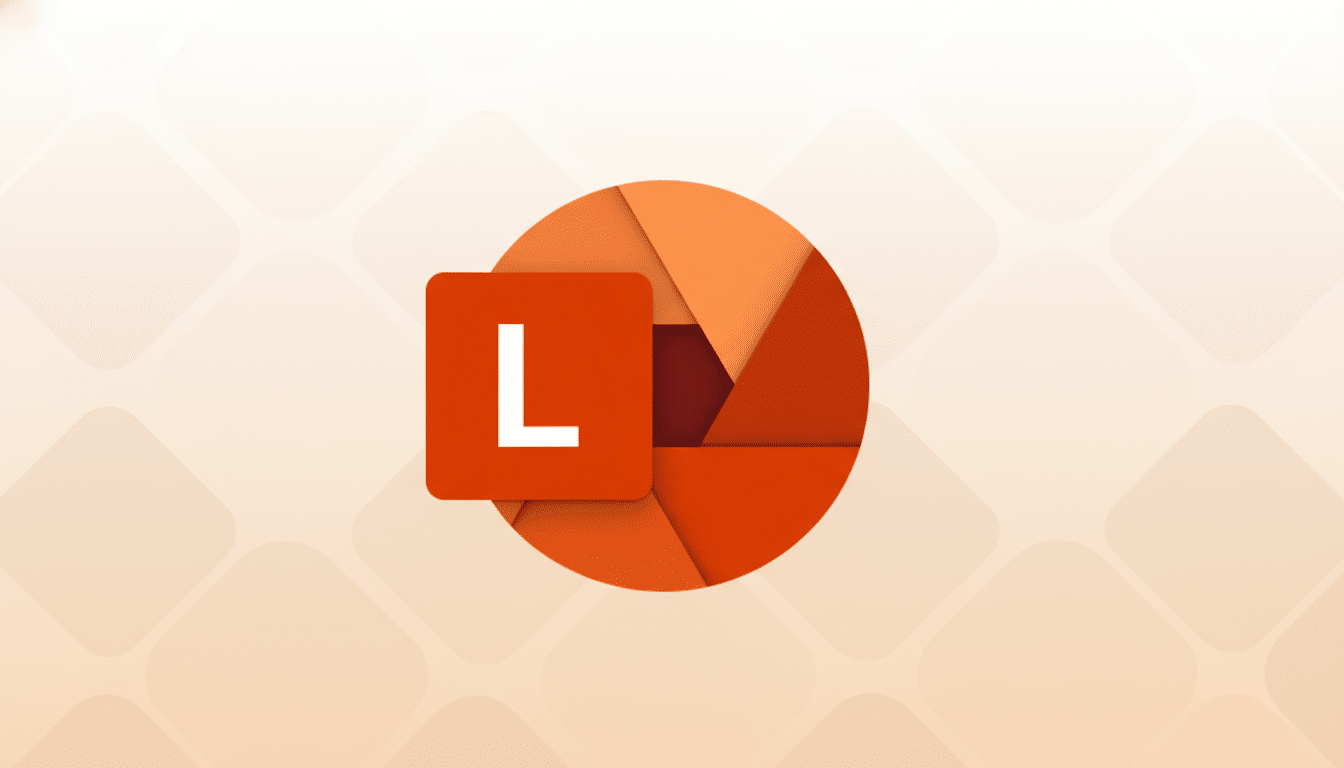 A 16:9 aspect ratio image featuring a red square with a white L overlapping an orange camera aperture icon, set against a light orange background with subtle square patterns.