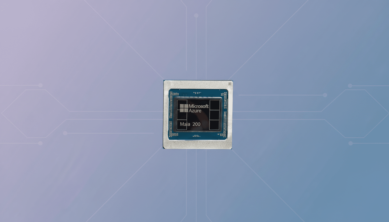 A Microsoft Azure Maia 200 chip centered on a professional flat design background with soft blue and purple gradients and subtle circuit-like patterns.