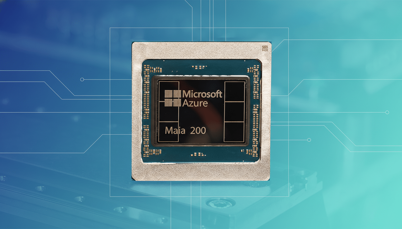 A Microsoft Azure Maia 200 AI accelerator chip is centered on a professional blue and green gradient background with subtle circuit board patterns.