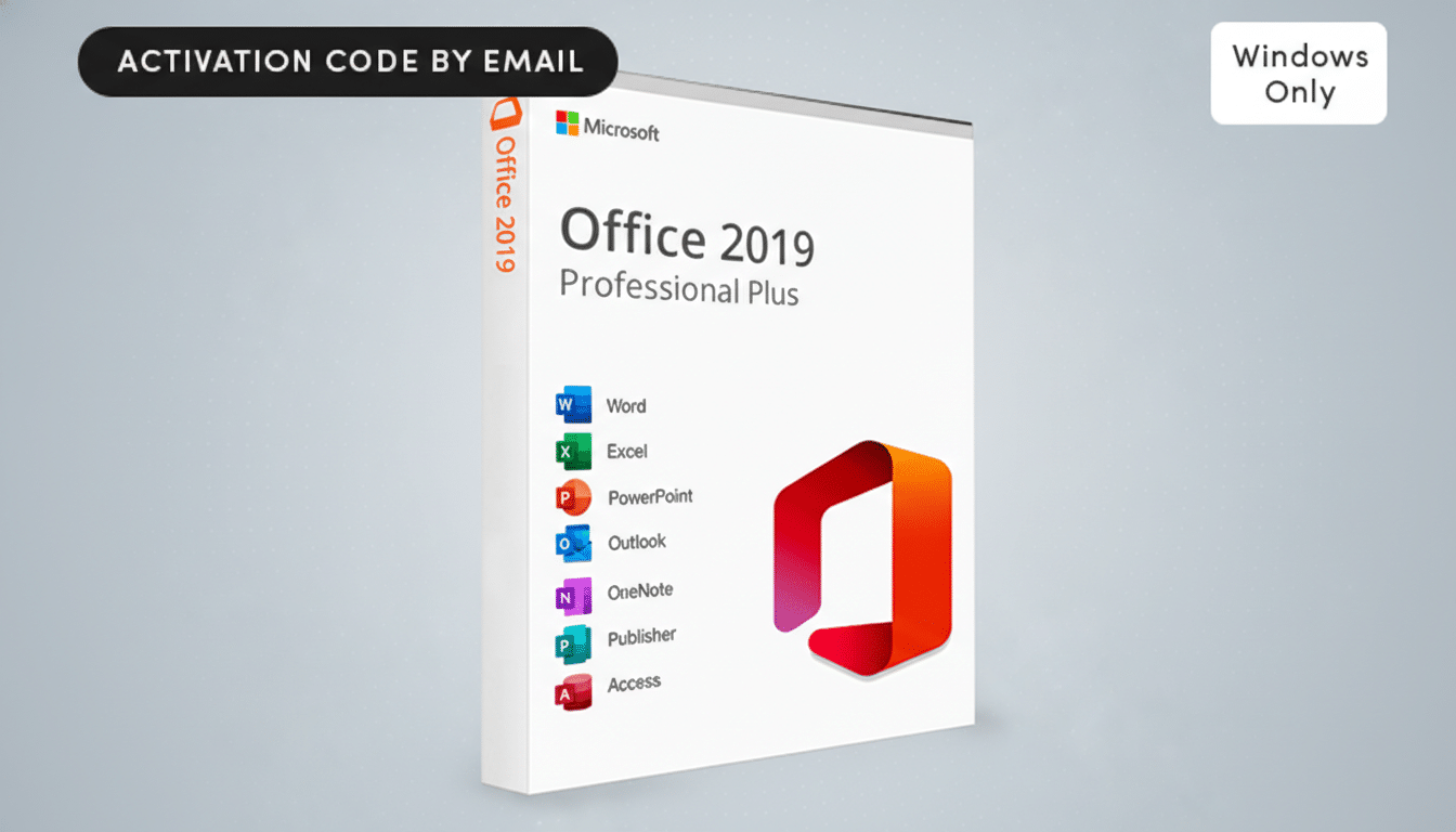 A resized and enhanced image of the Microsoft Office 2019 Professional Plus software box, presented on a professional flat design background with soft gradients.