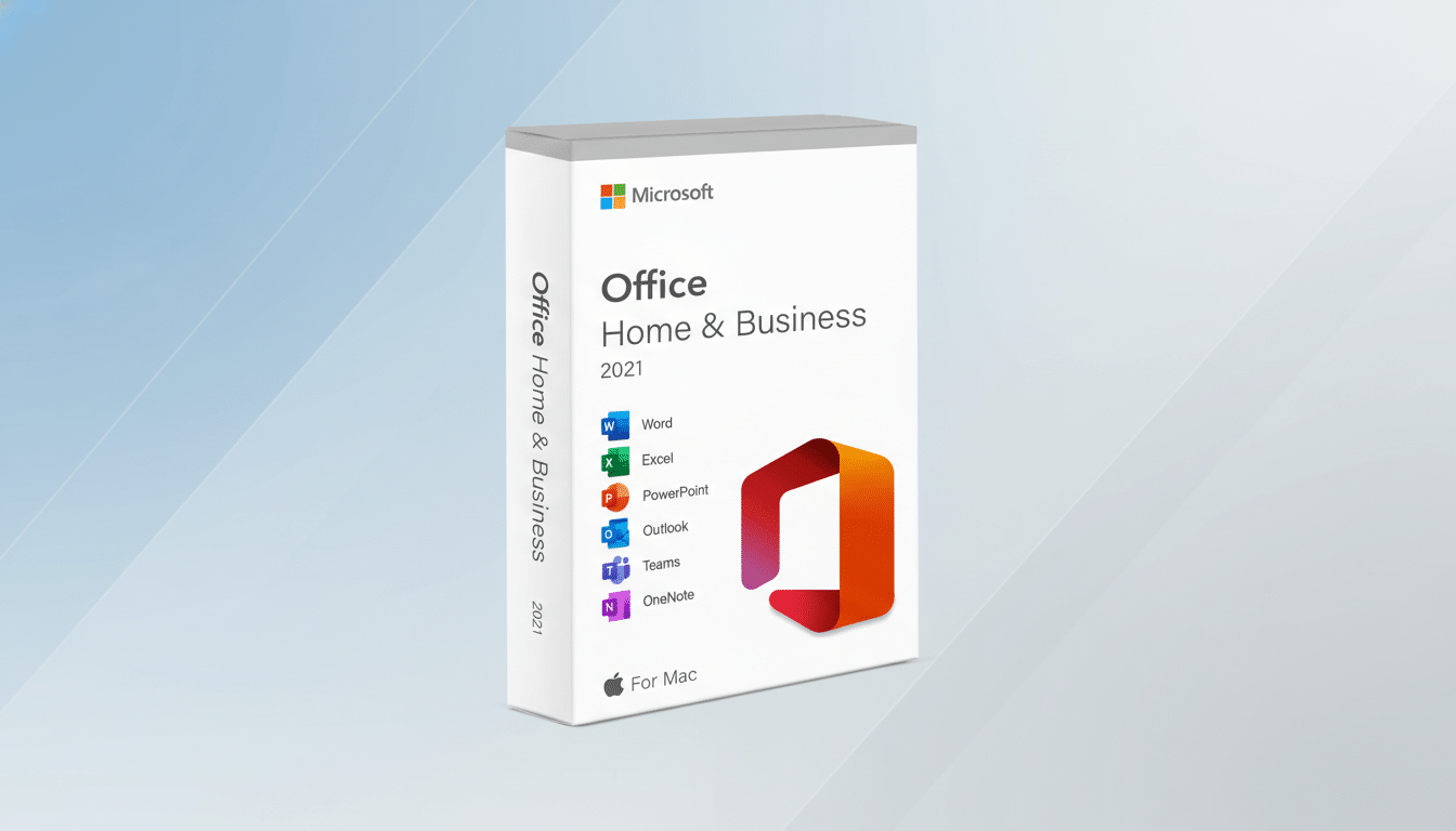 A Microsoft Office Home & Business 2021 for Mac software box is centered on a professional light blue and white gradient background.