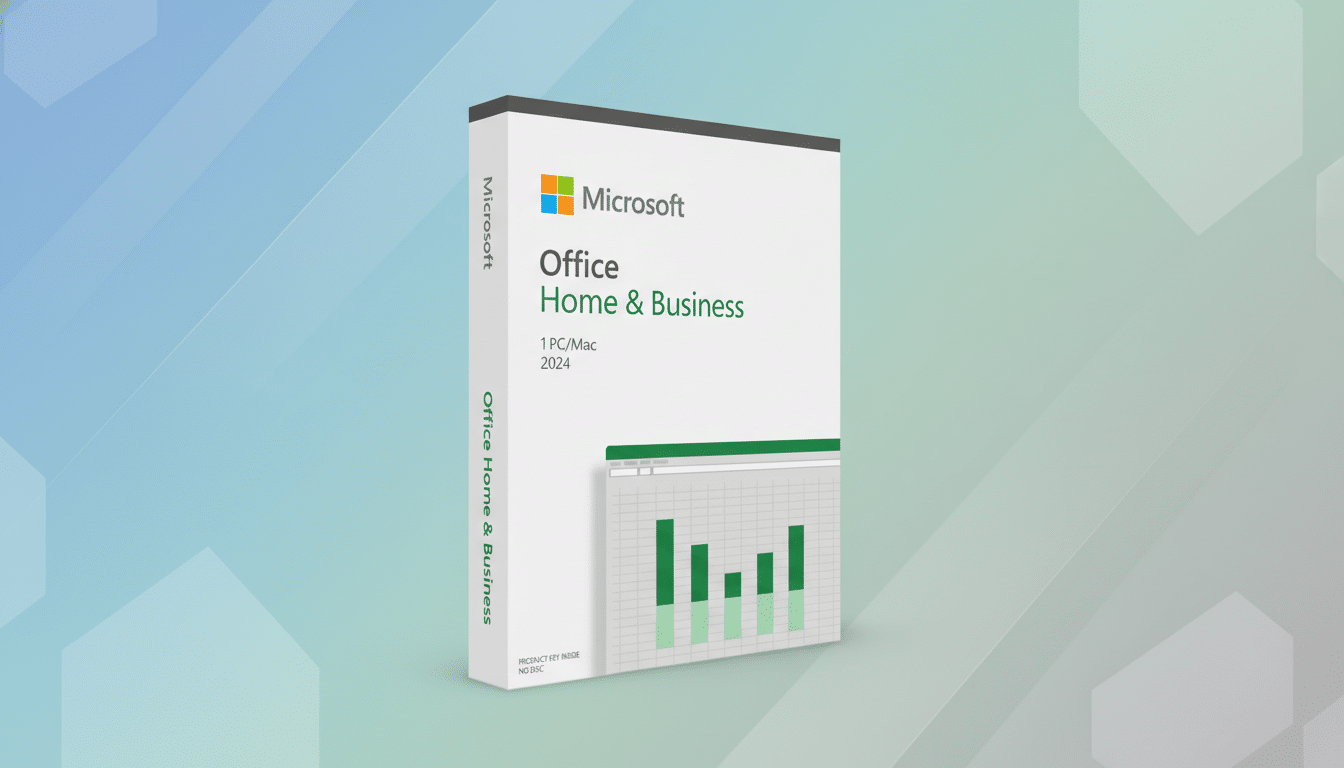 A 16:9 aspect ratio image of the Microsoft Office Home & Business 2024 software box, presented on a professional flat design background with soft blue and green gradients and subtle patterns.