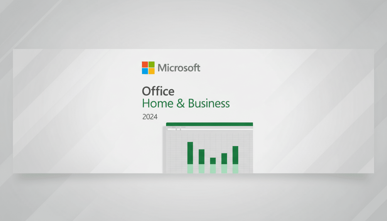 Microsoft Office Home & Business 2024 logo with a bar chart graphic, presented on a professional flat design background with soft patterns.