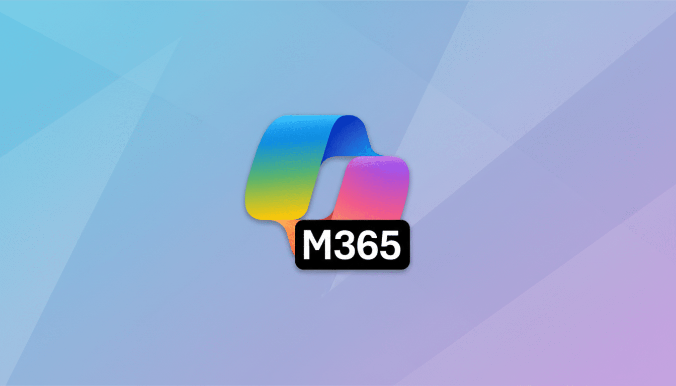 The M365 logo, featuring a colorful, flowing ribbon design in shades of blue, yellow, and purple, set against a professional 16:9 aspect ratio background with soft geometric patterns and a gradient from light blue to light purple.