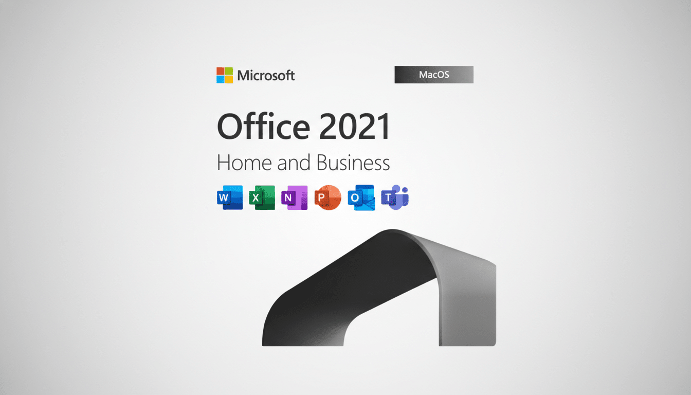 Microsoft Office 2021 Home and Business for macOS, featuring the logos for Word, Excel, OneNote, PowerPoint, Outlook, and Teams, presented on a clean, professional background.
