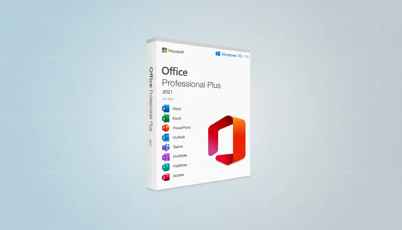 A 16:9 aspect ratio image of the Microsoft Office Professional Plus 2021 software box, featuring a professional flat design background with soft patterns.