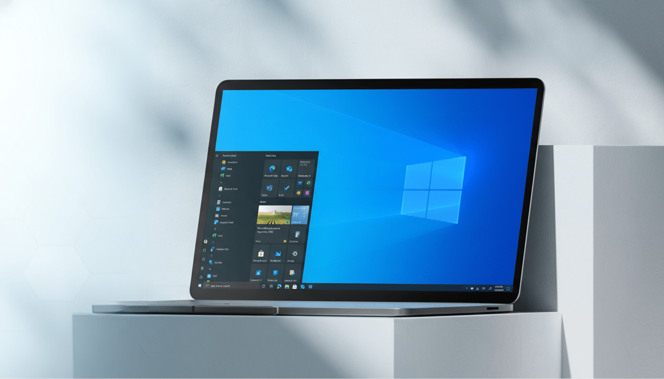 A laptop displaying the Windows 10 desktop with the Start menu open, set against a light background with shadows.