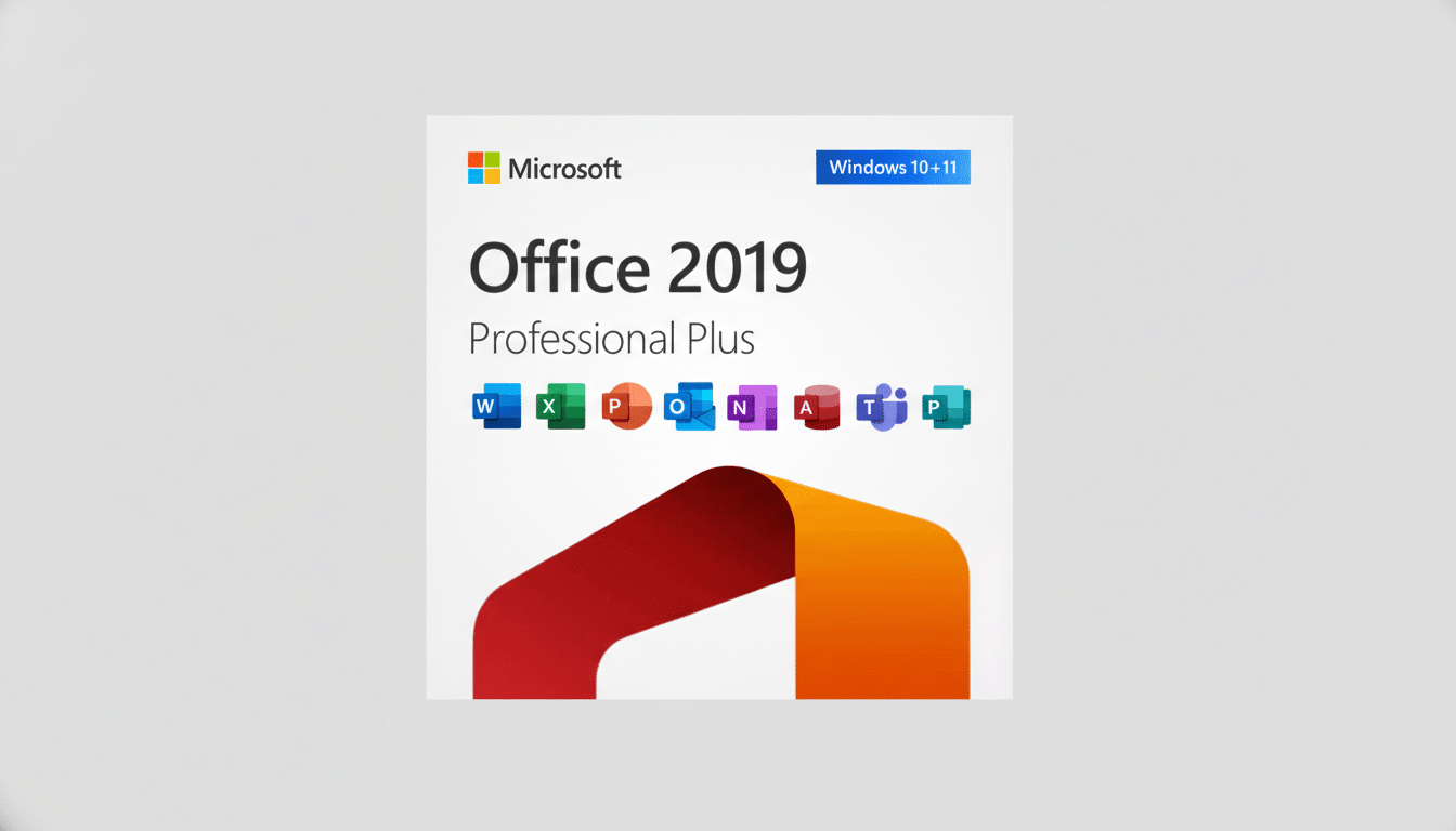 Microsoft Office 2019 Professional Plus software box art with a 16:9 aspect ratio and a professional flat design background.
