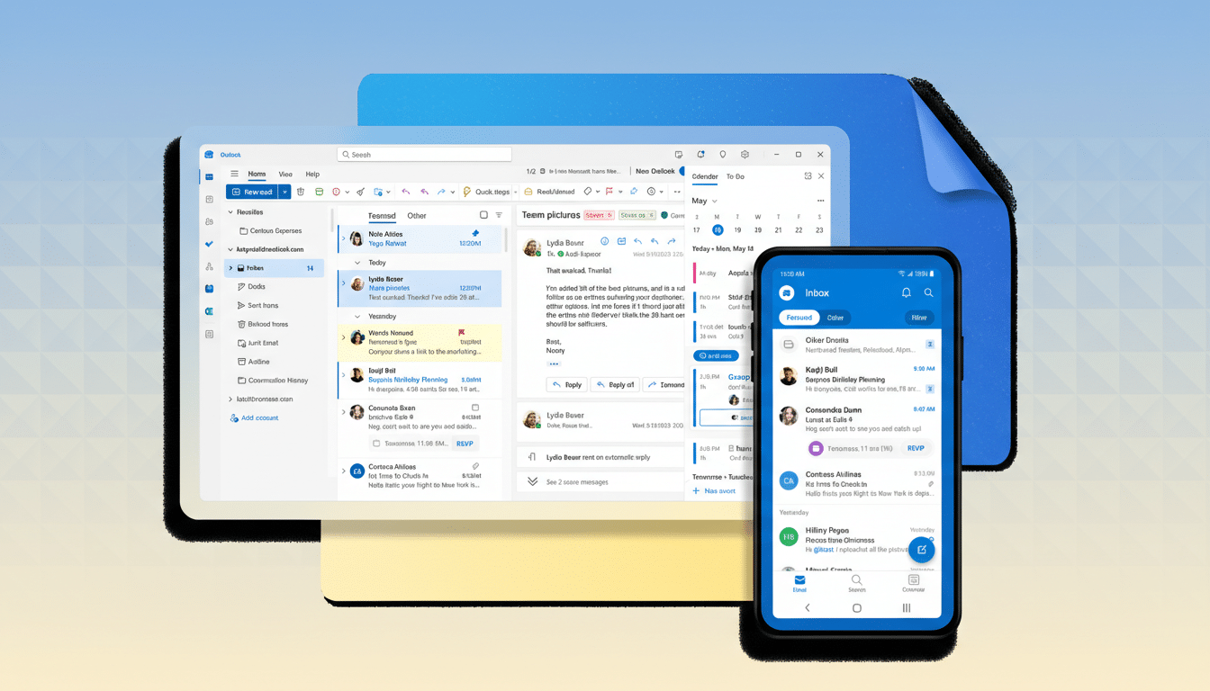 A professional, enhanced image of the Microsoft Outlook desktop application and mobile app, resized to a 16:9 aspect ratio. The desktop application is open to an inbox view, displaying various emails and a calendar. The mobile app, shown on a smartphone, also displays an inbox. The background features a subtle, soft gradient.