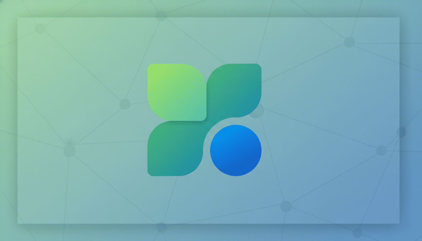 A professional 16:9 aspect ratio image featuring a logo composed of four interconnected, gradient-filled shapes—two green, one teal, and one blue circle—on a soft, patterned background with a subtle network design.
