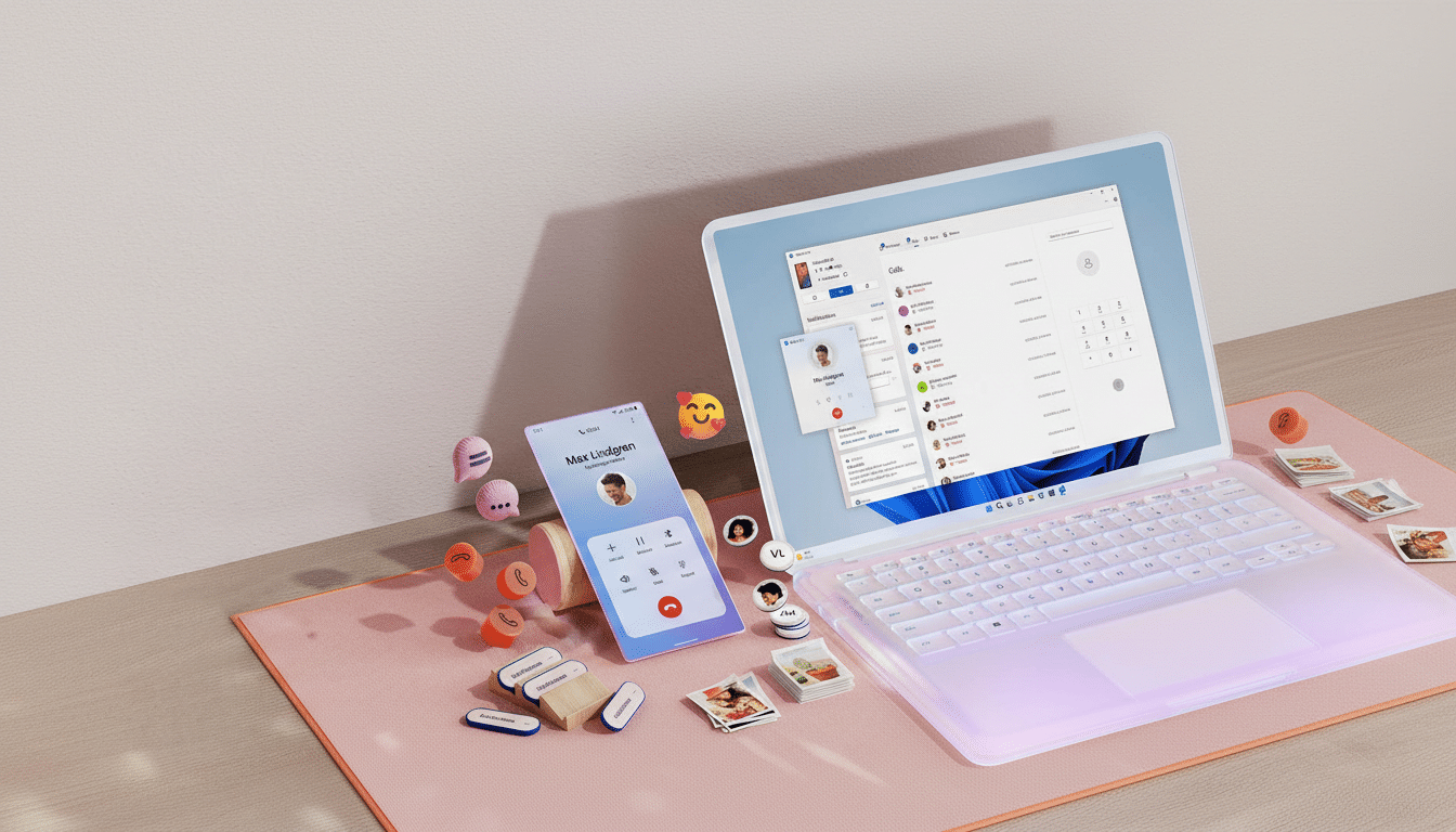 A smartphone displaying a call from Max Lindgren and a laptop showing a Calls application, surrounded by various digital communication icons and small physical objects on a pink mat.