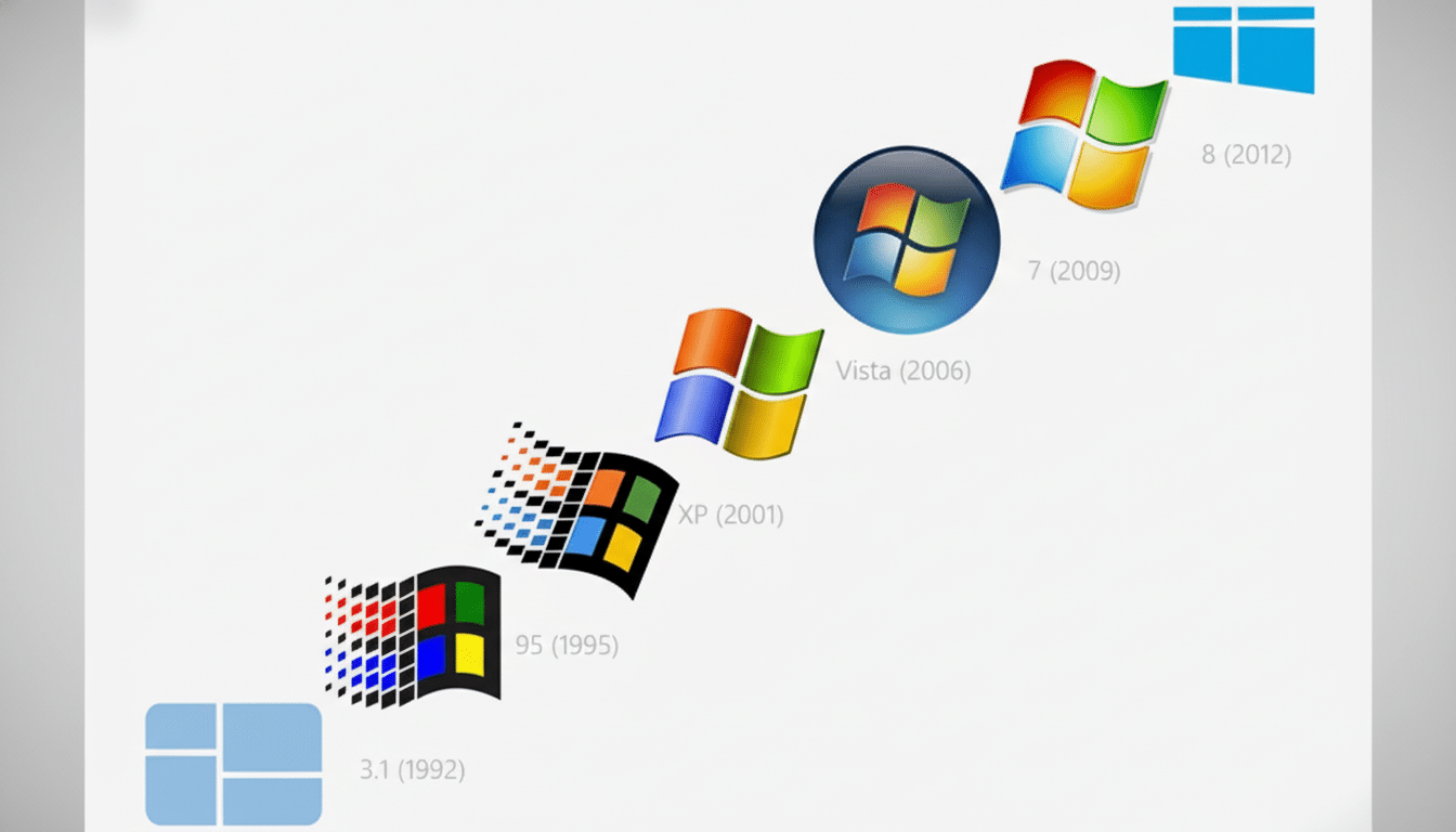 A timeline showing the evolution of the Microsoft Windows logo from version 3.1 (1992) to version 8 (2012), with each logo and its corresponding year.