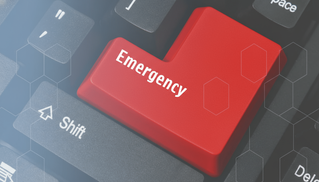A red Emergency key on a black keyboard, resized to a 16:9 aspect ratio with a subtle, professional background pattern.