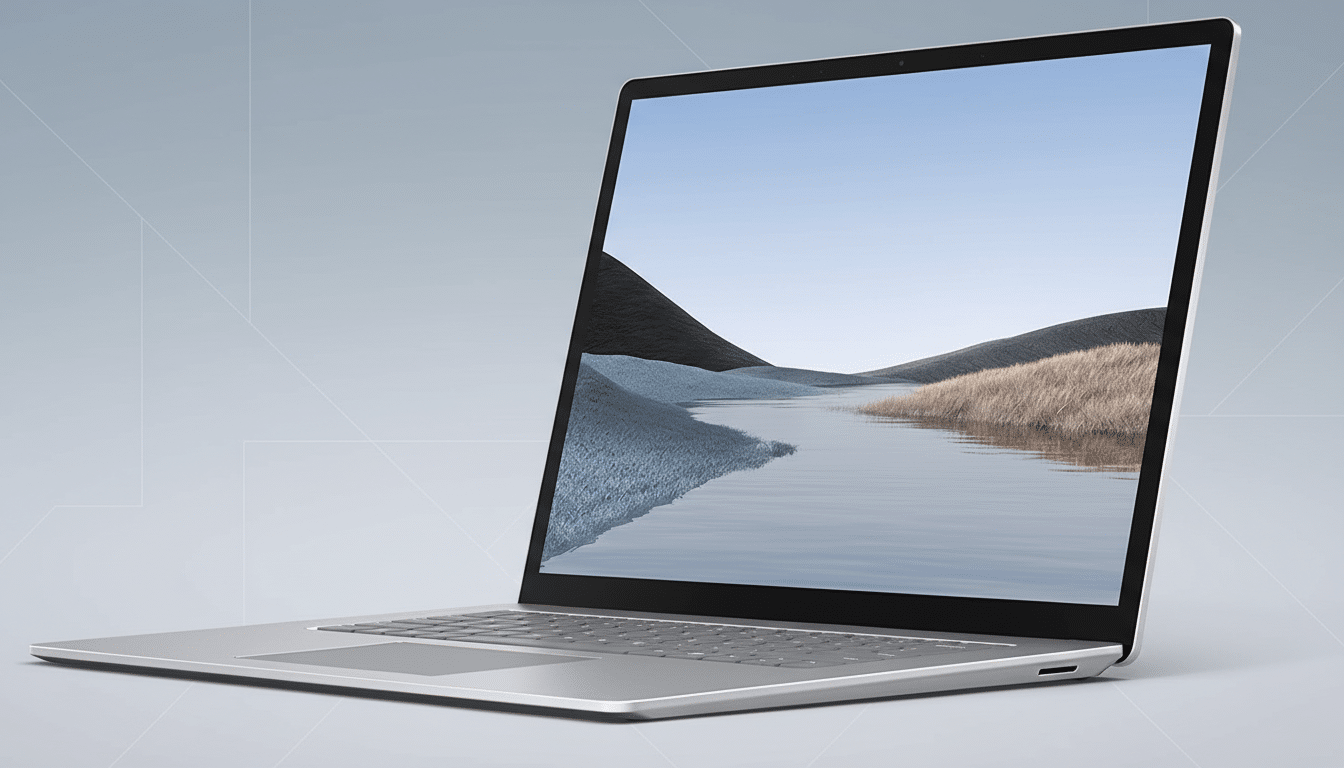 A silver laptop with a landscape image on its screen, set against a professional flat design background with soft patterns.