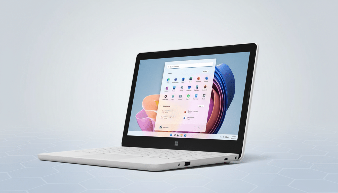 A white laptop with Windows 11 displayed on the screen, set against a professional light blue background with a subtle hexagonal pattern.