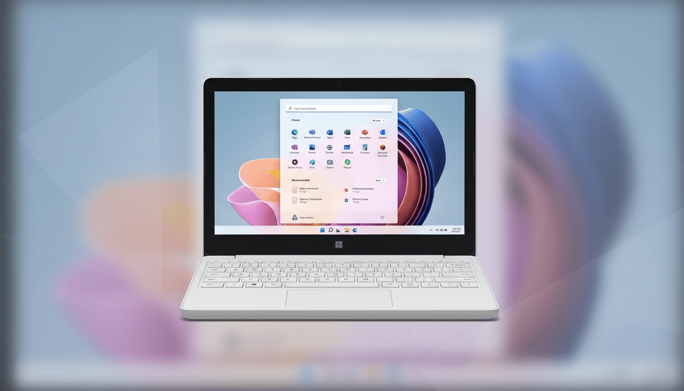 A white laptop displaying the Windows 11 operating system with a professional, soft gradient background.