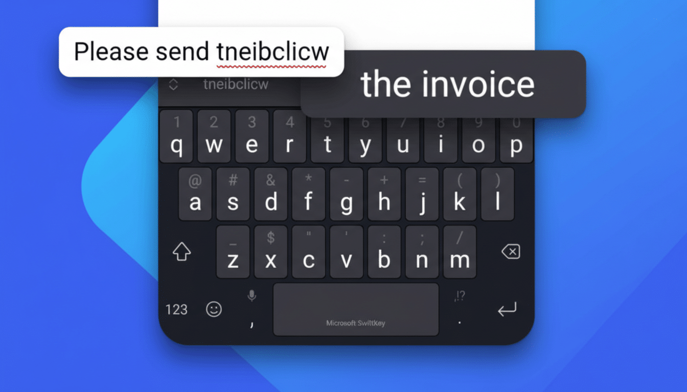 A smartphone screen showing a keyboard with a text input field above it. The text field contains the misspelled word tneibclicw with a red underline, and a suggestion bubble next to it reads the invoice. The keyboard is dark-themed, displaying letters, numbers, and symbols. The background is a blue gradient.
