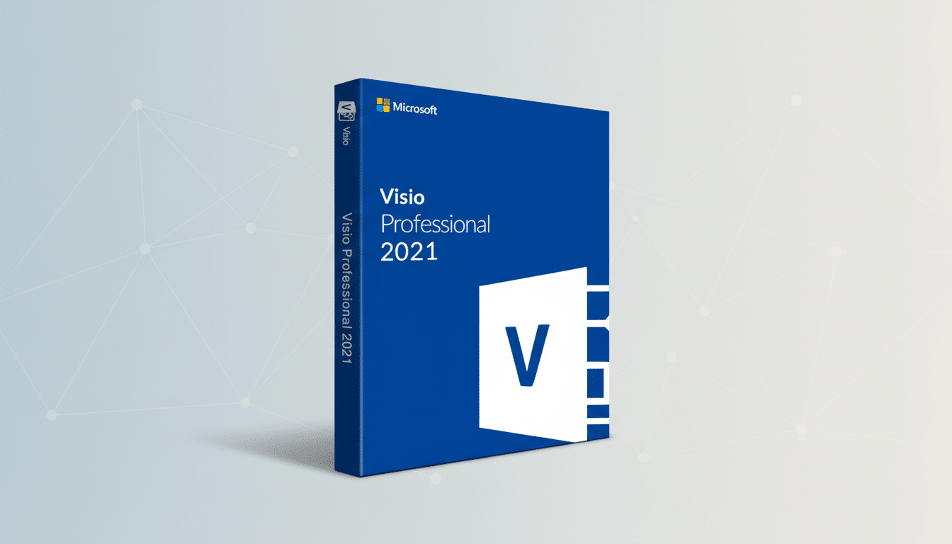 A 16:9 aspect ratio image of the Microsoft Visio Professional 2021 software box, presented on a professional flat design background with soft patterns.