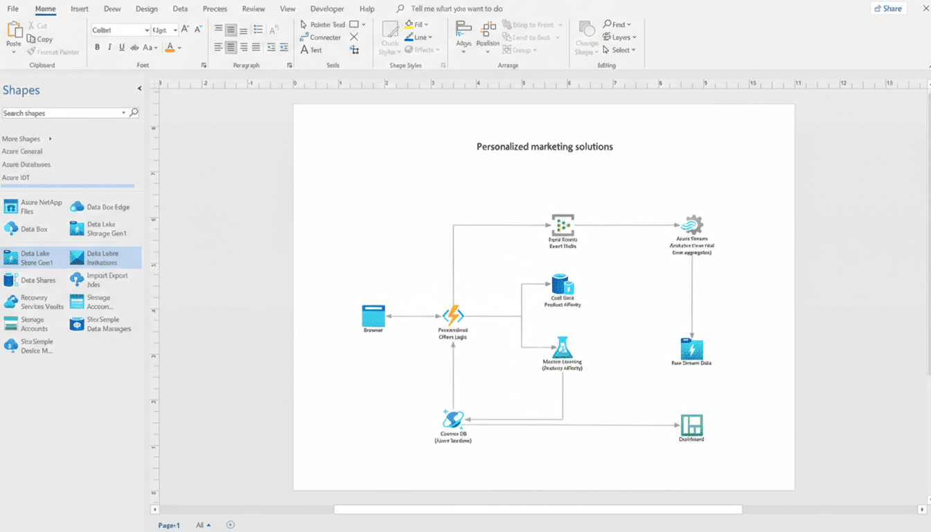 A screenshot of Microsoft Visio showing a flowchart for Personalized marketing solutions. The flowchart illustrates data flow from a browser and input events through various Azure services like Stream Analytics, Machine Learning, and Cosmos DB, ultimately leading to a dashboard.