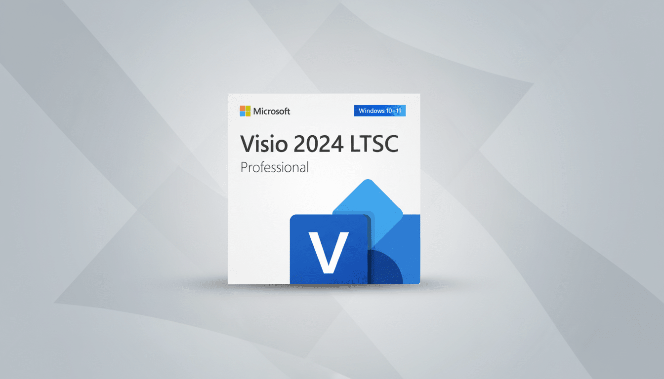 Microsoft Visio 2024 LTSC Professional software box on a professional flat design background with soft patterns.