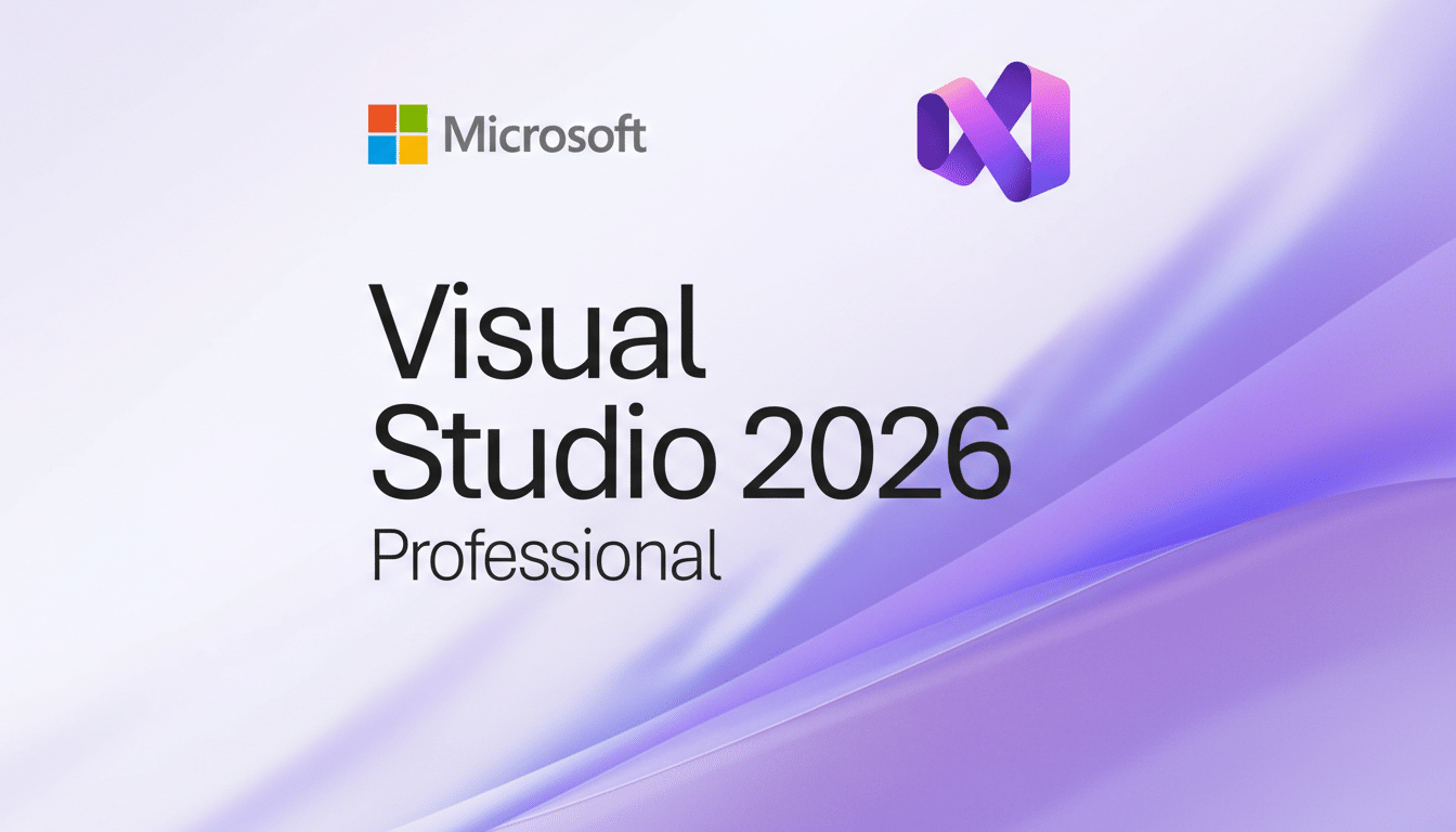 The Microsoft Visual Studio 2026 Professional logo on a purple and white gradient background.