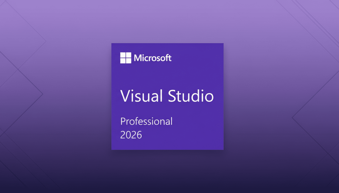 Microsoft Visual Studio Professional 2026 logo on a purple background with subtle geometric patterns.