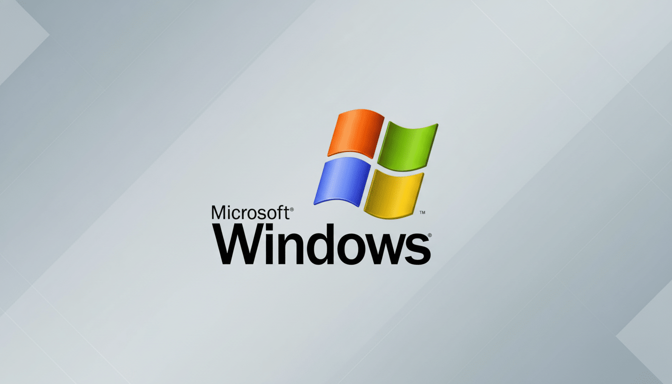 The Microsoft Windows logo, featuring the word Microsoft in a smaller font above Windows in a larger, bold font, next to the iconic four-pane window logo in orange, blue, green, and yellow, all set against a professional light gray background with subtle geometric patterns.