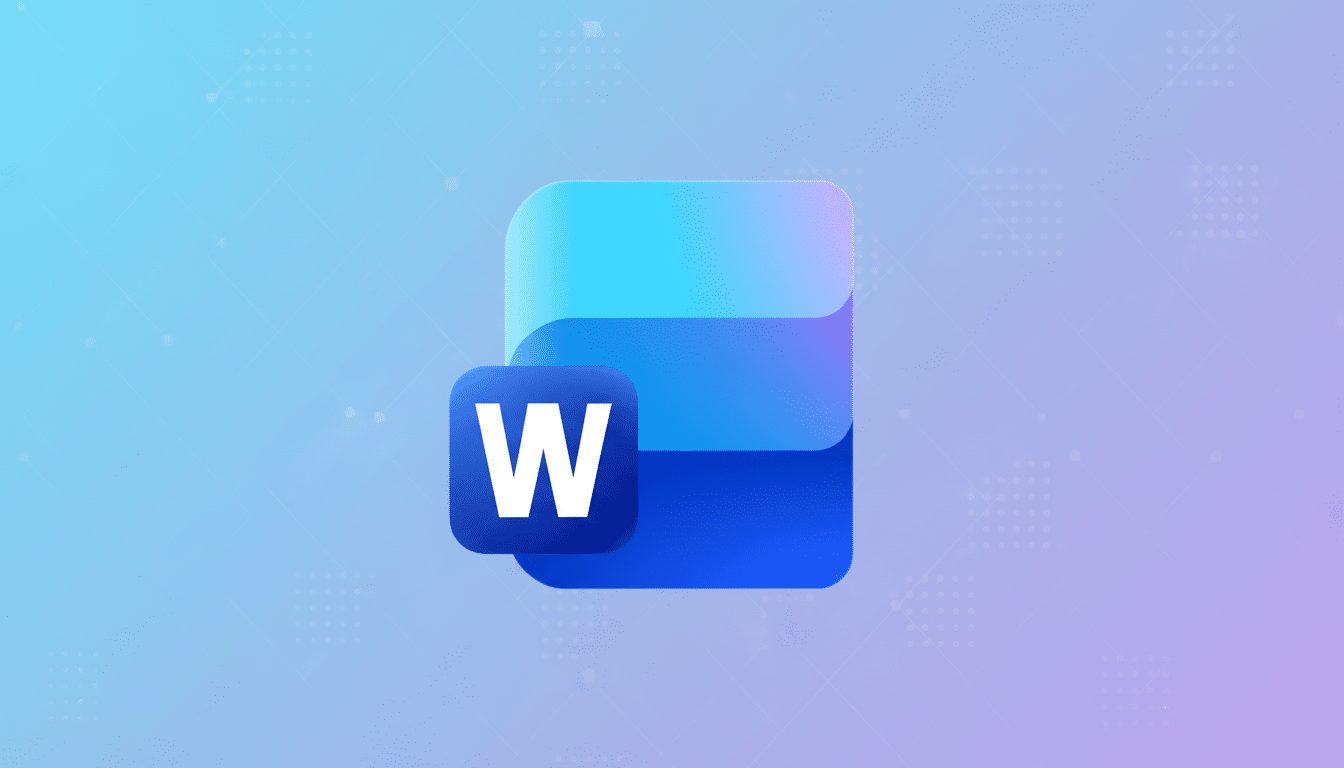 The Microsoft Word icon, featuring a stylized blue document with a white W in a square, set against a professional flat design background with soft blue and purple gradients and subtle geometric patterns.