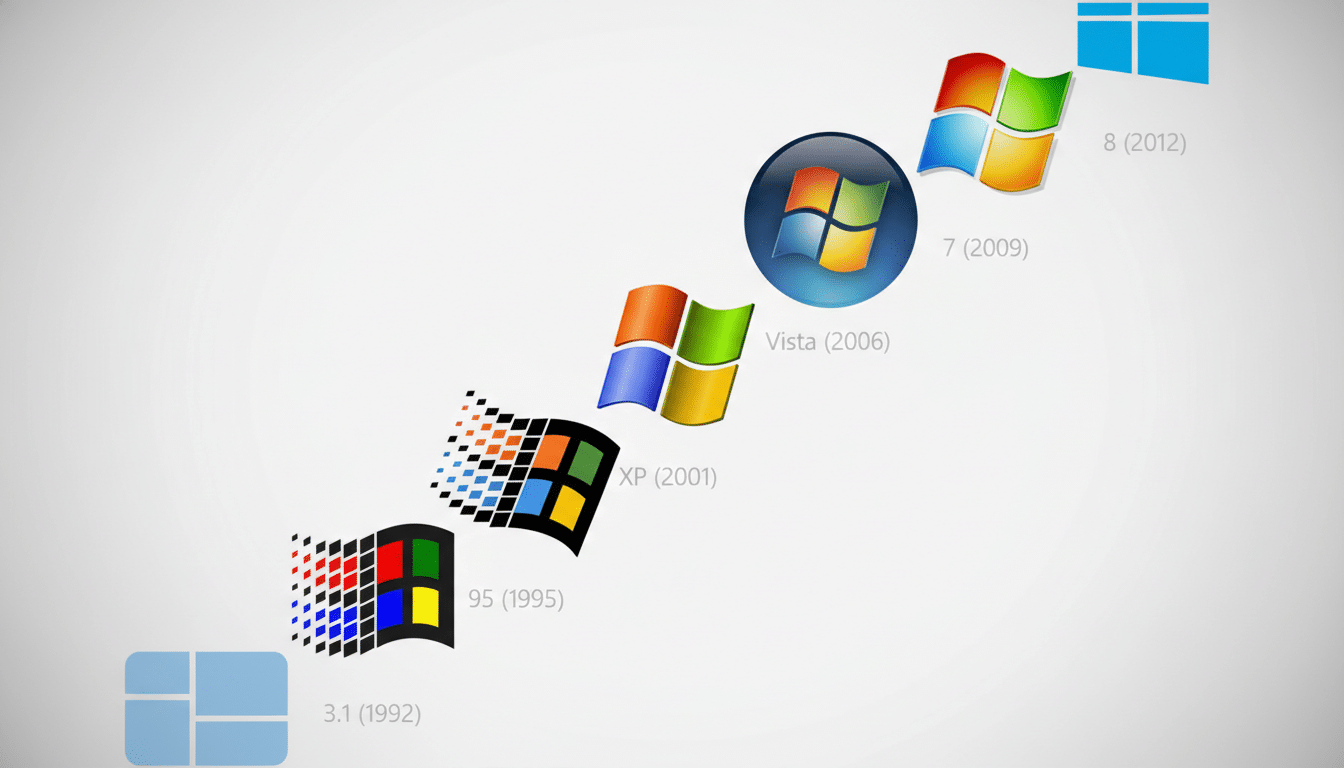 A timeline showing the evolution of the Microsoft Windows logo from version 3.1 (1992) to version 8 (2012), with each logo and its corresponding year arranged diagonally on a light gray background.
