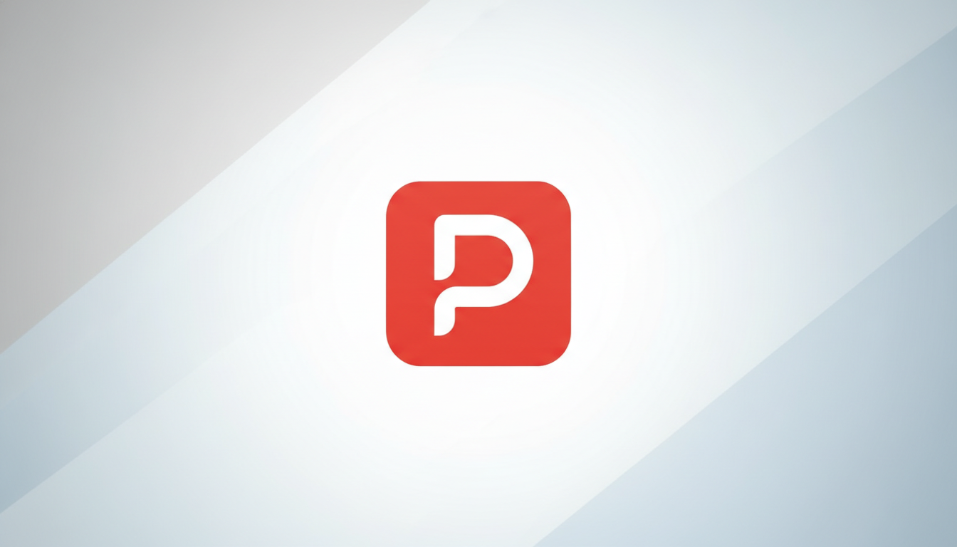 A red square icon with rounded corners featuring a white stylized letter P in the center, set against a professional flat design background with soft gray and white diagonal patterns.