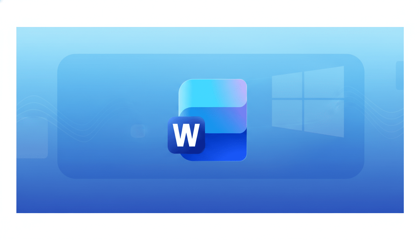 A professionally enhanced image of the Microsoft Word icon, resized to a 16:9 aspect ratio. The icon is centered on a blue gradient background with subtle wave patterns and a faint Windows logo in the upper right, maintaining a clean and professional presentation.