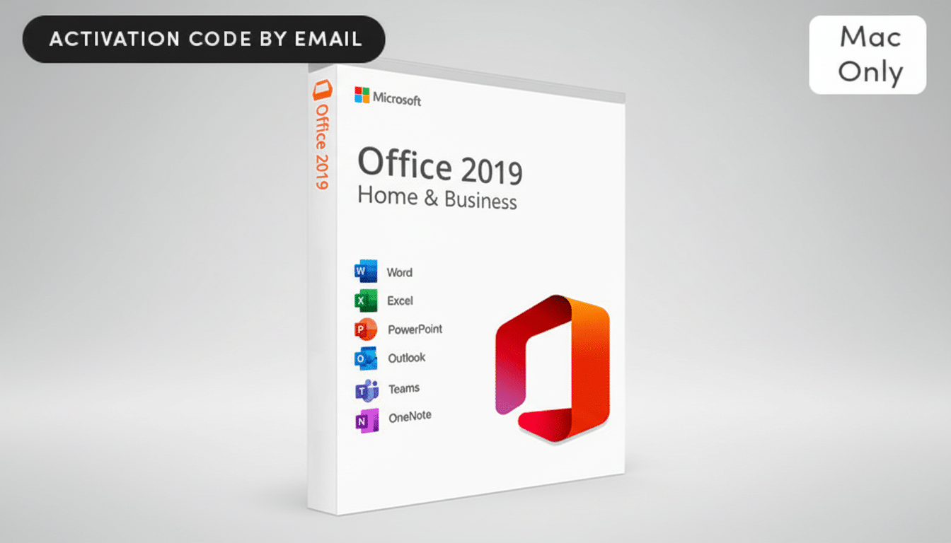 A 16:9 aspect ratio image of the Microsoft Office 2019 Home & Business software box for Mac, with a professional flat design background.