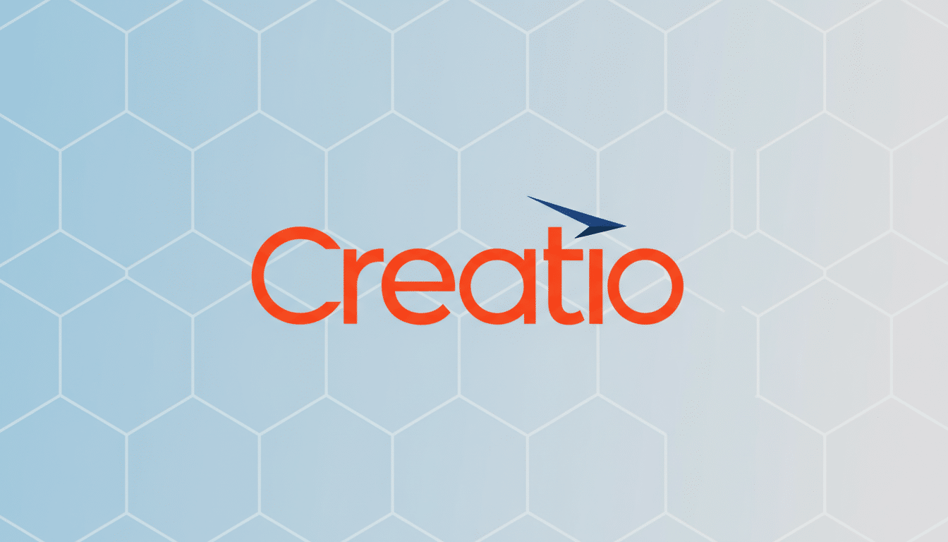 The Creatio logo, featuring the word Creatio in orange with a blue arrow forming the i, set against a light blue and white gradient background with a subtle hexagonal pattern.