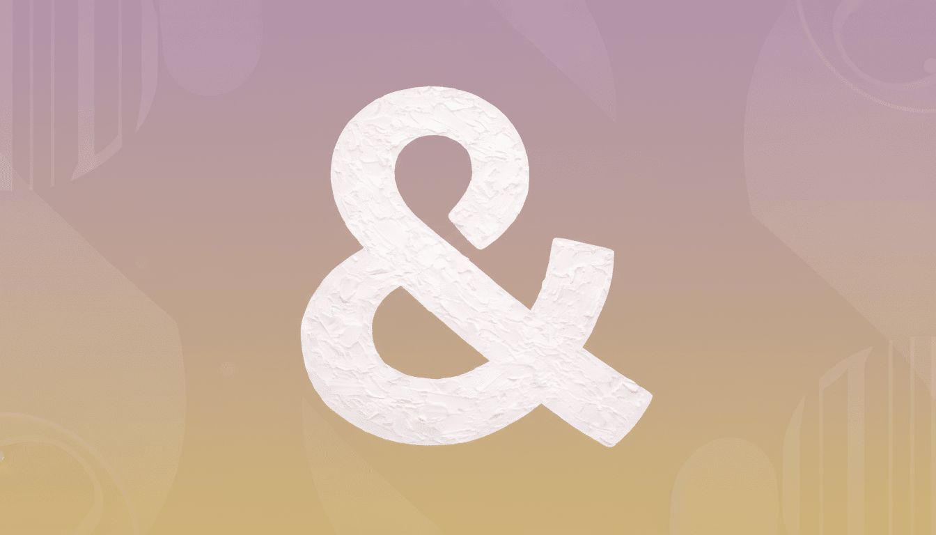 A white ampersand symbol with a textured, painted appearance, centered against a soft gradient background that transitions from light purple at the top to light gold at the bottom. Subtle, abstract geometric patterns are faintly visible in the background.