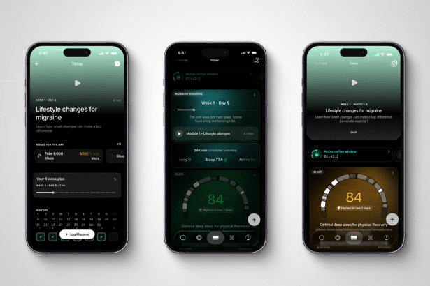 Three mobile phones displaying a health tracking app interface, with the central phone showing Migraine Insights and sleep data.